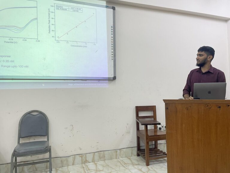 Our lab research assistant, Emam, is discussing the biosensing potential of his newly developed sensor with biochemists. This marks the beginning of his MSc thesis work.