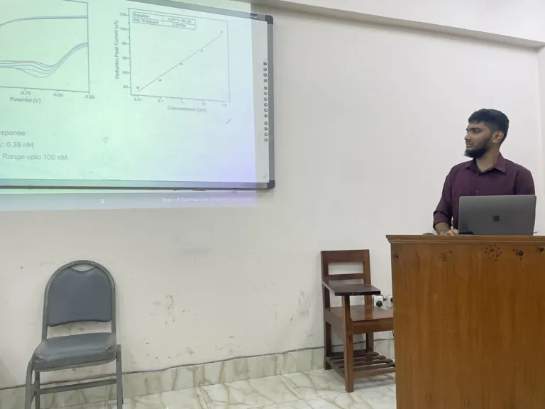 Our lab research assistant, Emam, is discussing the biosensing potential of his newly developed sensor with biochemists. This marks the beginning of his MSc thesis work.